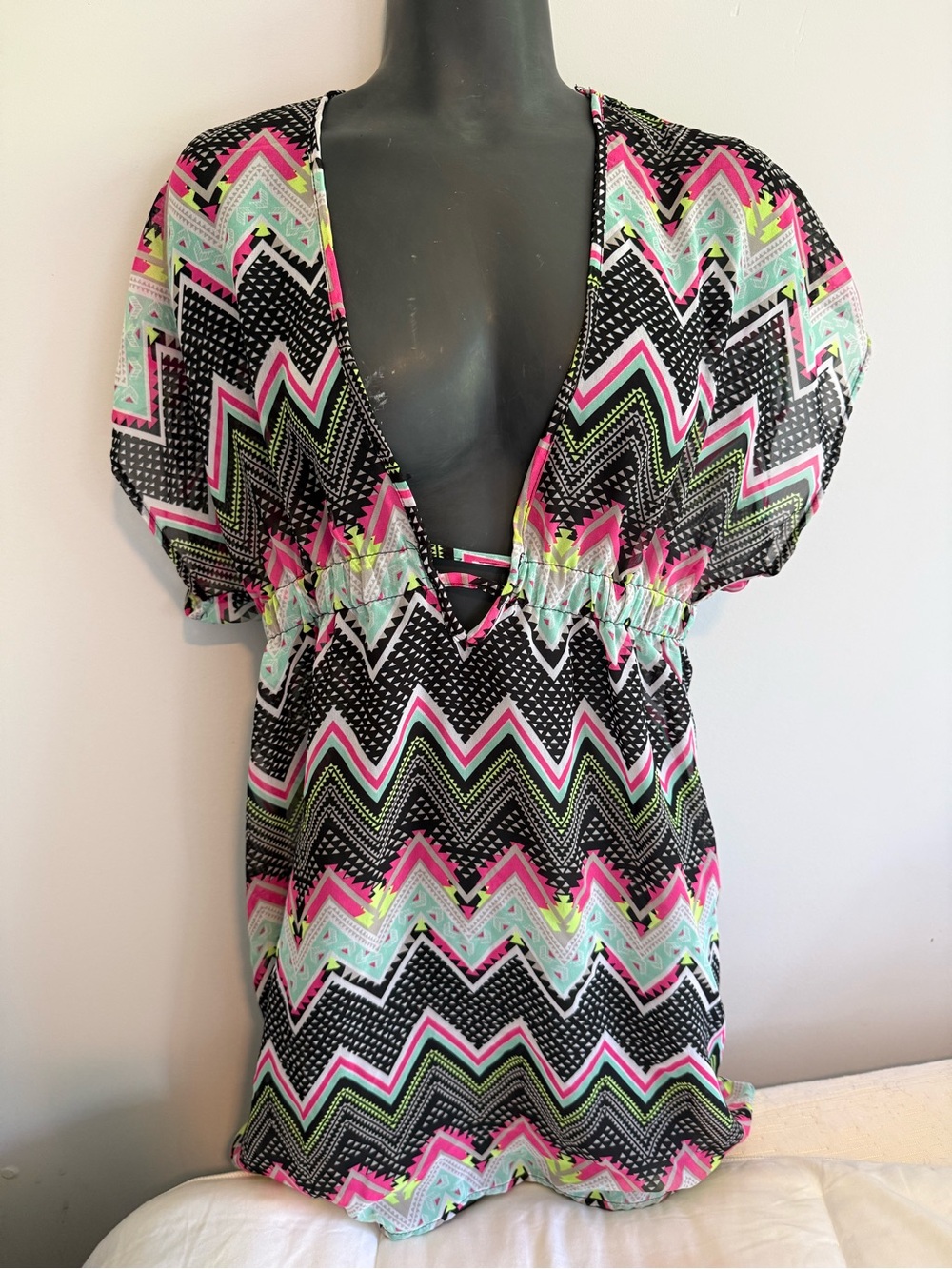 Miken Swim Bright Black, Pink & Mint Chevron V-Neck Swim Coverup ladies Medium